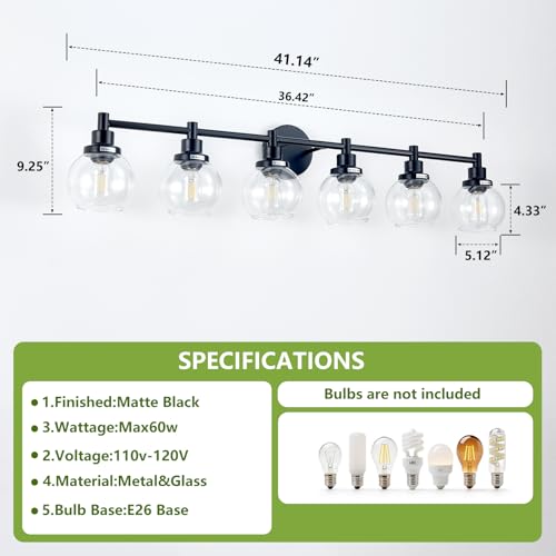 Image of 6-Light Bathroom Light Fixture Black Vanity Lights Over Mirror Modern Wall Sconce Farmhouse Vintage Bathroom Vanity Lighting with Glass Shade for Bedroom Hallway Cabinet Bathroom