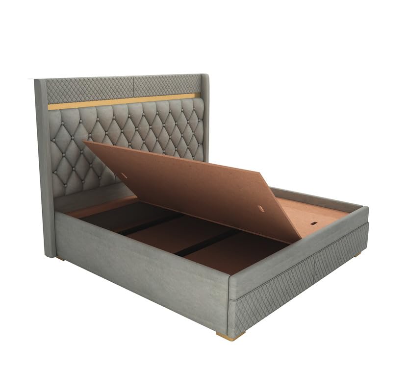 Image of MAMTA DECORATION Solid Wood Queen Size Bed with Box Storage | Premium Velvet Upholstered Tufted Headboard Palang Cot Bed | Modern Wooden Double Bed for Bedroom, Home, Hotel & Guest Room | Grey Finish