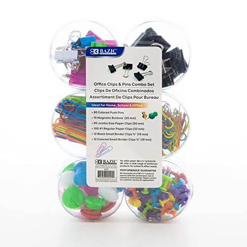 BAZIC Products Push Pin Tacks, Binder Clip, Magnetic Button Set, Large & Small Paper Clips, 6 Style Office School Supplies (269 Pcs/Pack), 12-Packs