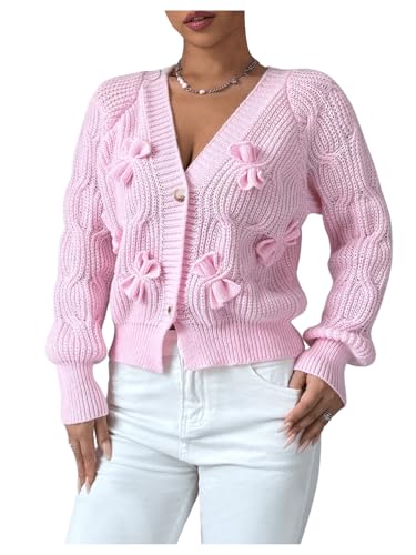 Image of SweatyRocks Women's Crochet Cardigan V Neck Long Sleeve Bow Decorated Button Down Knit Sweater Tops Pink Medium