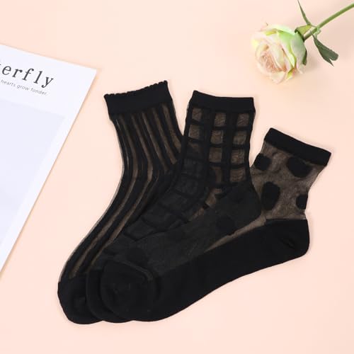 3 Pairs Black Mesh Socks for Women,See Through Socks Women,Dots, Stripes and Geometric,Summer4