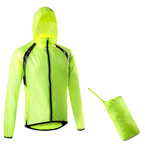 Dooy Men's Cycling Rain Jacket Waterproof Lightweight Raincoat Hooded Bike Running Windbreaker Yellow