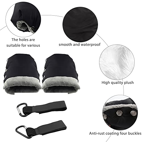 HIULLEN Kinderwagen Handschuhe Handmuff,Handwärmer Kinderwagen Handschuhe mit 2 Haken,Stroller Handmuff mit Fleece Innenseite Wasserdicht, Winddicht, für Kinderwagen Buggy, Radanhänger,Schwarz