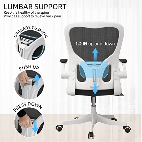Image of Monhey Office Chair - Ergonomic Office Chair with Lumbar Support & Flip Up Arms Home Office Desk Chairs Rockable High Back Swivel Computer Chair White Frame & Black Mesh Study Chair