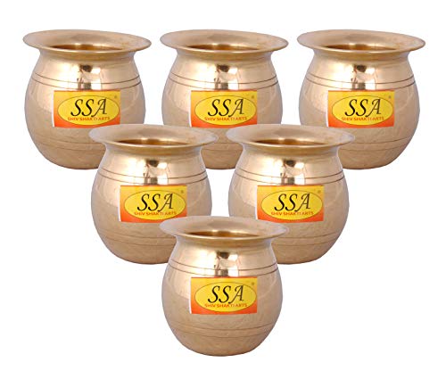 Shiv Shakti Arts Pure Brass Small Mini Pooja Kalash | Lota | Jal Patra | Worship Glass Set, Religious Spiritual Item, Home Temple Mini - 100 ML, Set of 6