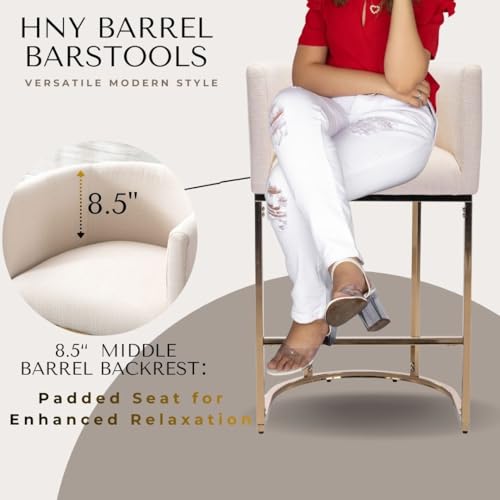 Image of HNY Modern Bar Height Linen Fabric Upholstered Counter Stool Set of 2, 32 Inch Cream Barstools with Gold Metal Frame