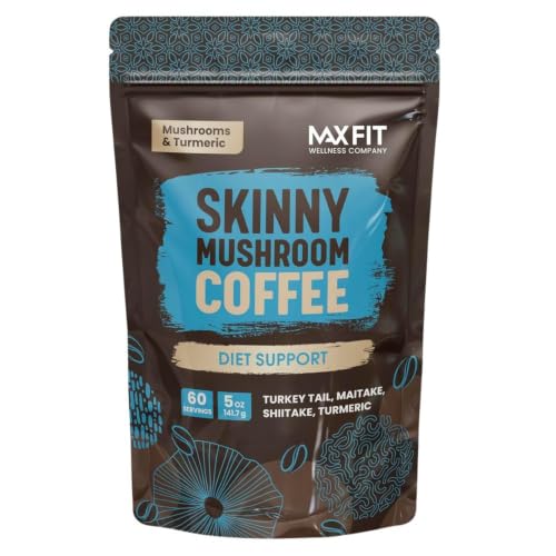 Skinny Instant Mushroom Coffee (60 Servings) Mental Focus Plus Diet Support - Turkey Tail, Maitake, Shiitake &amp; Turmeric, Mixed With Gourmet 100% Arabica Medium Roast Instant Coffee
