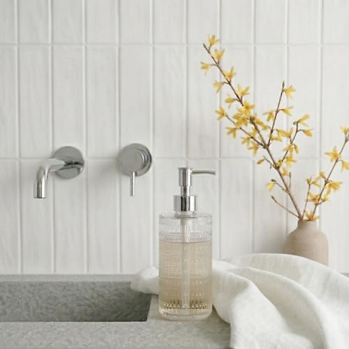 Image of Fluted Glass Hand Soap Dispenser with Slim Silver Pump for Bathroom, 17oz | Vintage Art Deco Reeded Glass, Refillable Clear Ribbed Bottle, Rust-Proof Pump, for Kitchen Countertop