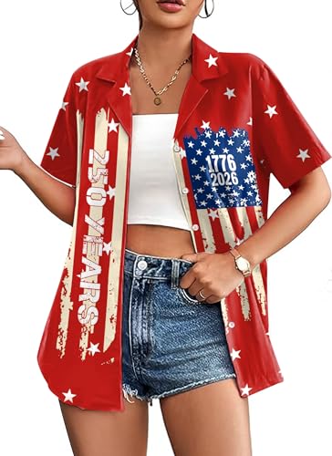 Image of American Flag Shirt for Women 4th of July USA Button Up Tops Summer Hawaii Floral Patriotic Stripes Graphic Tee