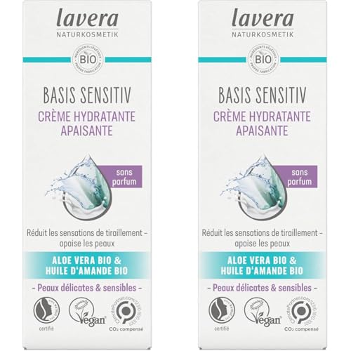 lavera basis sensitiv Beruhigende Feuchtigkeitscreme, Naturkosmetik, vegan, Bio Aloe Vera & Bio Mandelöl, feuchtigkeitsspendend, Tagespflege, parfümfrei, PETA zertifiziert, 1 x 50 ml (Packung mit 2)