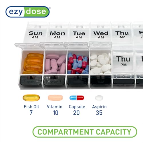 Image of Ezy Dose Weekly (7-Day) AM /PM Pill Organizer, X-Large Case, Clear /Black | Daily Vitamin Box & Supplement Planner, 2 Times a Day Push Button Compartments, Arthritis-Friendly, Travel-Friendly, BPA-Free
