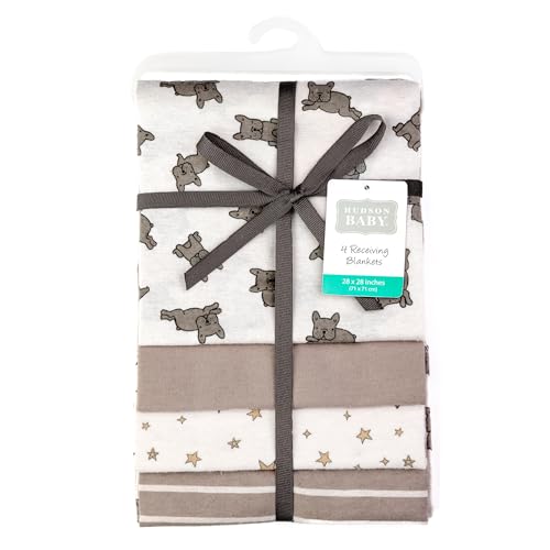 Image of Hudson Baby Unisex Baby Cotton Polyester Flannel Receiving Blankets 4-Pack, French Bulldog Stars, One Size