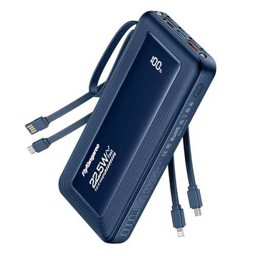 Portable Power Bank 10000mAh con 4 Cables Integrados, 22.5W Cargador Portátil, Batería de Carga Rápida, Batería Externa del Teléfono con Pantalla LED para el iPhone, Galaxy, Tablet, Switch, etc