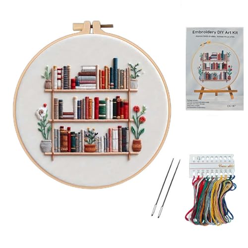 STIFFENERS Embroidery Kit Punch Needle Kit with Elegant Bookshelf Design Complete Embroidery Starter Kit with Patterns Threads and Needles Ideal for Relaxation and Crafting