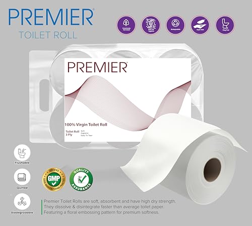 Image of Premier 3 Ply Toilet Tissue Roll (3600 Pulls) | 300 Pulls x 12 Rolls | Biodegradable, Clog Free, Flushable, Easy to Tear | Extra Absorbent Toilet Paper Roll for Home, Office, Bathroom Tissue