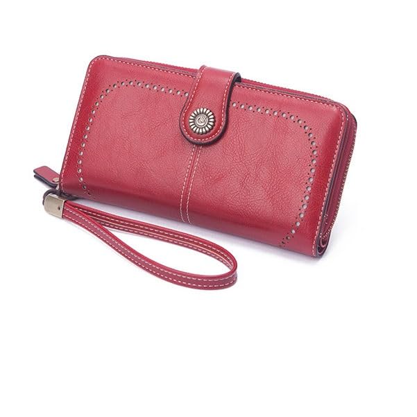 Cross border New Women's Wallet Vintage Oil Wax Leather Long Hollow Wallet Multi functional Large Capacity Phone Bag4