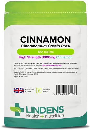 Price comparison product image Lindens Cinnamon 3000mg Tablets - 100 Pack - Super Concentrated 30X Extract Equivalent to Half A Teaspoon of Cinnamon Spice - UK Manufacturer