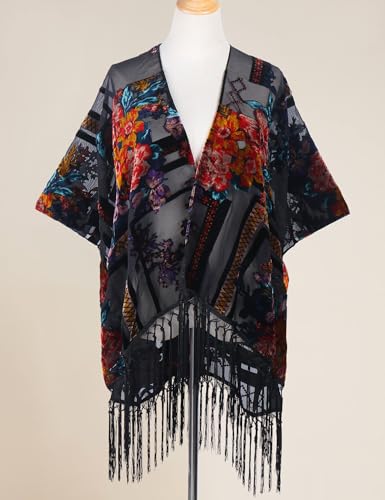 Image of MJ SERECA Women's Burnout Velvet Kimono Cardigan Cover Up with Tassel