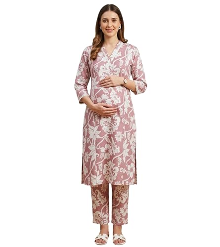 Image of DUMMY SHAPE Maternity Dresses for Women Cotton | Floral Kurta Pant Dupatta Set with Nursing Zippers, Side Pocket | Pre & Post Pregnancy | Feeding Kurti Suit | Baby Shower | Gifts for Pregnant Woman