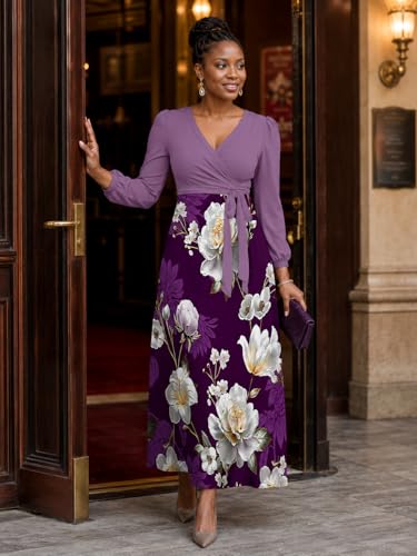 Image of PinkPatty Plus Size Dresses for Curvy Women V Neck Flowy Long Sleeves Wrap Maxi Dress Travel Vacation Outfits