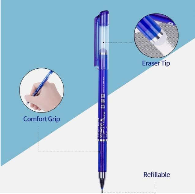 Image of 6 Pcs Fine Tip Erasable Gel Pens Blue Ink | Retractable Rollerball Friction Pens | Smooth Writing 0.5mm & 0.35mm Nib with Attached Magic Wipe Eraser | Set of Erasable Ink Pens