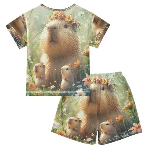 Pajama Sets Short Sleeve Three Cute Capybara Soft Cotton Summer Sleepwear 2 Piece PJS Size 5-14T2