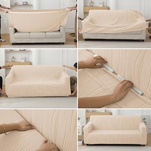 Image of HOKIPO 200 GSM Premium Knitting Jacquard Sofa Cover 3 Seater Fully Covered, 'Nestiva Series' Skimmed Cream (NEW2-AR-5309-CRM)