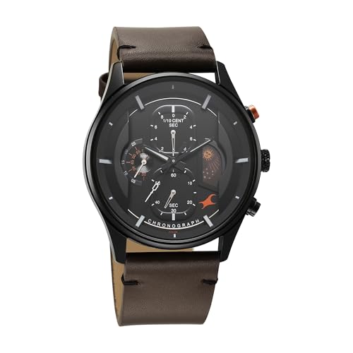 Image of Fastrack Opulence Sun Moon Chronograph Black Dial Brown Leather Strap Analog Quartz Watch for Guys