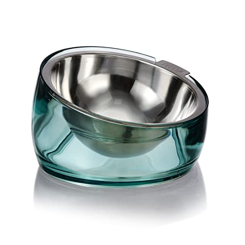 Felli Pet Oblik Raised Dog Bowl Stainless Steel Angled Oval Dish No Spill & Slip, Ergonomic Slanted Metal Food Water Feeder, Elevated Plastic Weighted Base for Small Medium Dog Cat (1.5Cup, Classic)