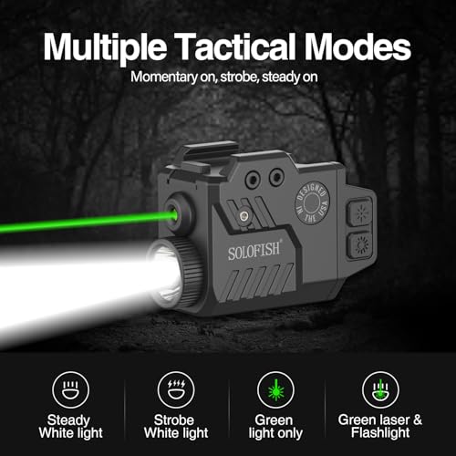 Image of Solofish 800 Lumens Pistol Light Laser Combo, Strobe Function for Green /Red /Blue Laser and Tactical Light with Slidable Rail Fits Guns w /Rail