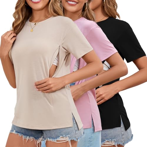 Image of Liu & Qu Breastfeeding Shirts for Women 3 Pack Hidden Zipper Nursing Tops Side Split Postpartum Clothes