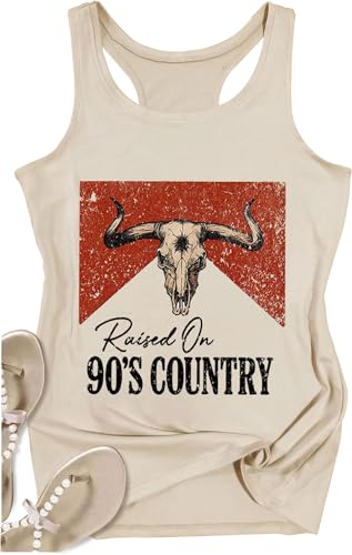 Raised on 90 Couttry Tank Tops Women Cute Country Music Tops Cow Skull Graphic Tank Top Vintage Western Sleeveless Top(Beige1-S)