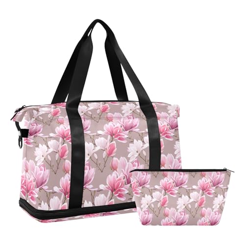Magnolia Flower Blossom Pink Travel Duffel Bag for Women Men Gym Bag with Shoe Compartment Wet Pocket Carry On Weekender Overnight Bags for Travel Weekend Getaway2