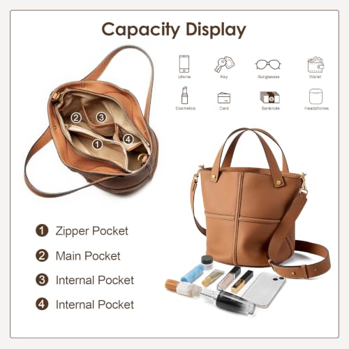 Image of Leather Bucket Crossbody Bags for Women, Adjustable Strap | Durable Leather Develops A Patina, Top Handle & Adjustable Strap, Roomy Bucket Fits Daily Essentials for Work & Casual Use