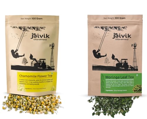 Image of Jaivik Uttarakhand - Relaxing Chamomile Tea, Energizing Moringa Tea (100g each), Unique Blend Crafted Loose Leaf For Chai Lovers Across India, Combo (Pack Of 2)