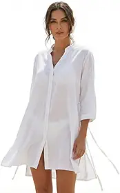 Saída De Praia Chemise Túnica Feminina Tecido Viscose Cores Lisas com Fechamento de Botão Bolsos e Amarração Traseira Afina Cintura