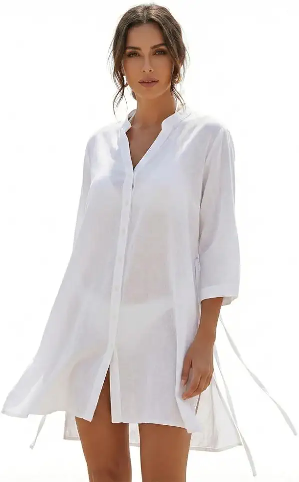 Saída De Praia Chemise Túnica Feminina Tecido Viscose Cores Lisas com Fechamento de Botão Bolsos e Amarração Traseira Afina Cintura