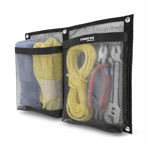 Marine Mesh Double Pocket Boat Gear Storage Bag, Polyester Boat Rope Storage Bag, Screw Snap Mount (Black, Large)