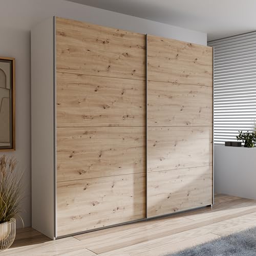 Forte Schach & MATT 2 Kleiderschrank 220, Schwebetürenschrank mit Einlegeböden und Kleiderstange, 2-türig, Holzwerkstoff, Weiß/Artisaneiche...