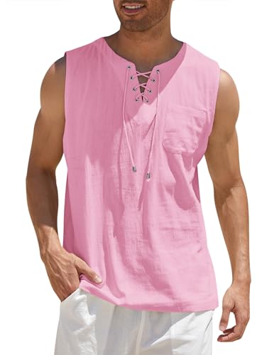 COOFANDY Mens Linen Ethic Tank Top Bohemian Ghillie Kilt T Shirt Pink Large Sleeveless