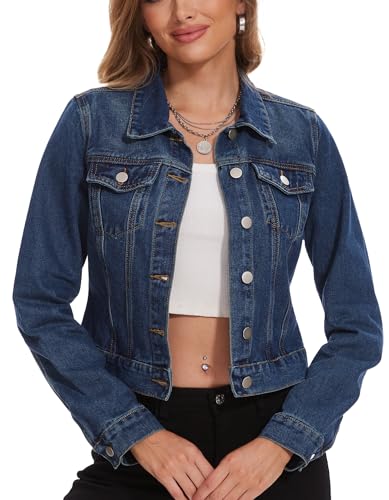 andy & natalie Women's Denim Jackets Cropped Long Sleeve Basic Bu...