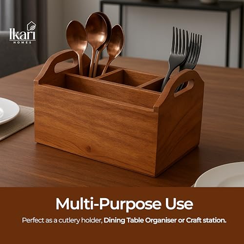 Image of Ikari Homes Premium Cutlery Stand I Boho Wooden Caddy I Spoon knife Fork Tissue Holder Stand I Cutlery Stand I Premium Acacia Wood I Bigger size with 4 Multi compartments - 8 x6 inches