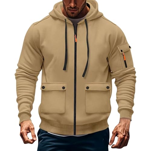 Chaqueta polar Decathlon con capucha – Ropa deportiva para elástico, suéter con capucha de algodón térmico sudaderas para hombre adulto algodón cómodo ropa de trabajo para hombre, caqui, S