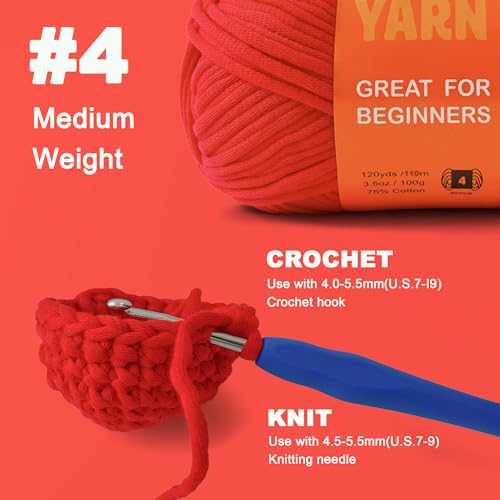 Image of 3.5Oz /120yds Red Beginner Easy Yarn for Crocheting and Knitting;Worsted-Weight Medium #4;Cotton Blend Yarn for Beginners Amigurumi DIY(Red, 1 Skein)