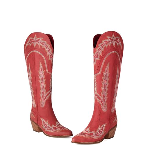 Botas Altas hasta la Rodilla Bordadas para Mujer, Puntera Puntiaguda, Tacones Altos Gruesos, Botas Altas sin Cordones, Estilo Vaquero Occidental Retro de 6 cm,Rojo,38 EU