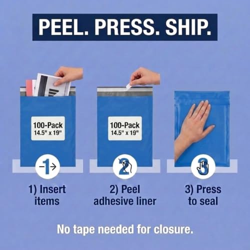 Image of BOX USA Shipping Bags 14 x 19 (100-Pack) Blue - Large Heavy Duty Self-Adhesive Envelope Poly Mailers for Packing