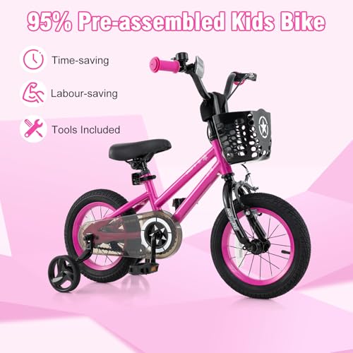 Image of BABY JOY Starry Kids Bike, 12 14 16 18 Inch Bicycle with Training Wheels, Storage Basket, Adjustable Handlebar & Seat, Handbrake & Coaster Brake, Girls Boys Bike