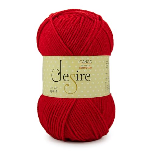 Image of Ganga Acrowool Desire 100% Acrylic Aran Weight Yarn (Pack of 1 ball - 100g) - approx. 200mtr Premium Knitting & Crochet Yarn for Winter Sweaters, Scarves, Blankets | Medium Weight 4, UK 5 (5.5mm) Needle & UK 3 (6.5mm) Hook | Hypoallergenic, Hand Wash (Multicolor) (DSR006 - Bright Red)
