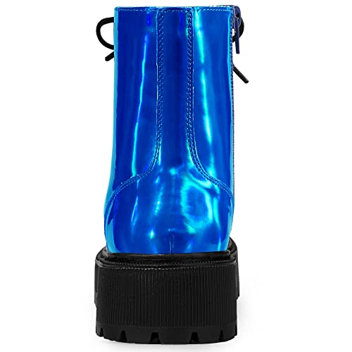 Allegra K Allegra K Women's Round Toe Platform Lace Up Colorful Combat Blue Ankle Boots 8.5 M US