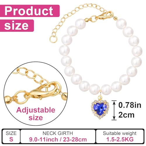 Mxxipp 2pcs Cat Dog Pearl Collar, Small Heart Shape Rhinestone Pet Necklace, Adjustable Wedding Party Pet Jewelry Accessories for Puppy Small Cats- Blue & Green - Image 3